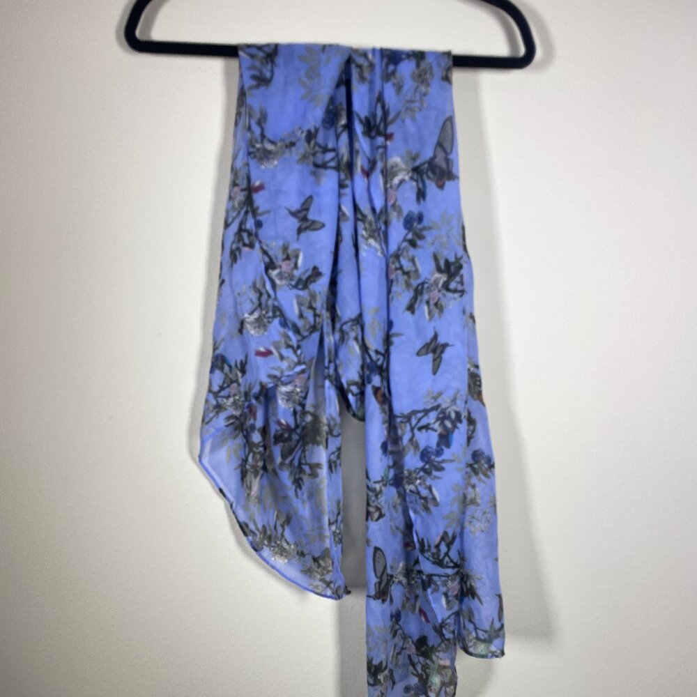 Bird & Butterfly Print Blue Sheer Scarf Spring Nature 75" x 22" Flawed